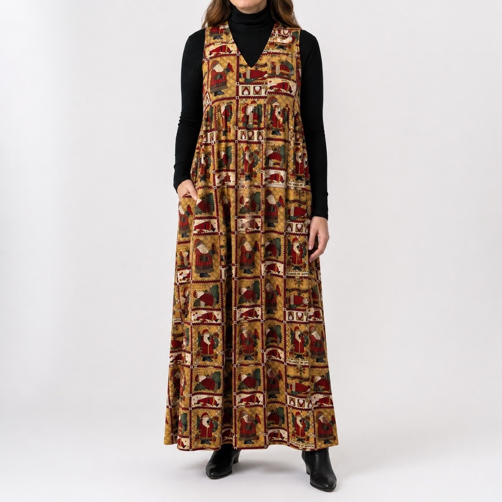 Conversation Pieces Vintage Santa Claus Christmas Maxi Dress Pockets Tan XL